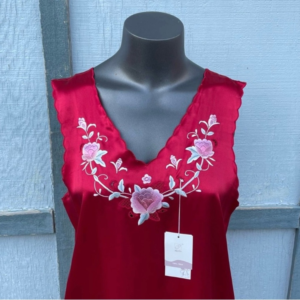 Vintage 100% Silk Red Slip Dress Embroidered Flowers